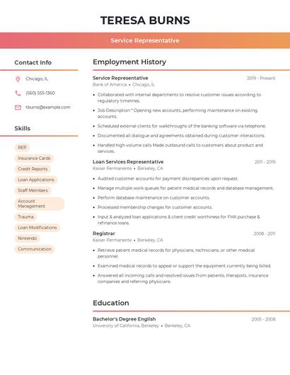 Service Representative Resume