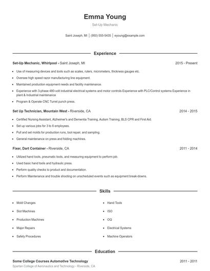 Set-Up Mechanic Resume