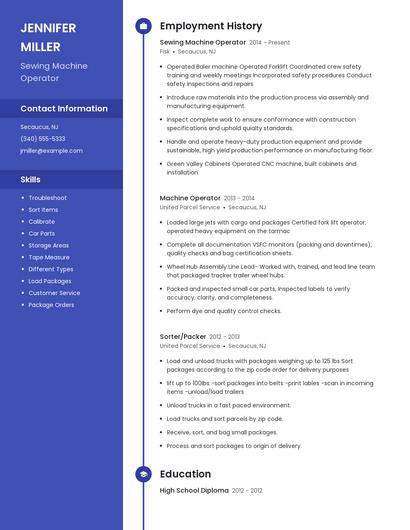 Sewing Machine Operator Resume