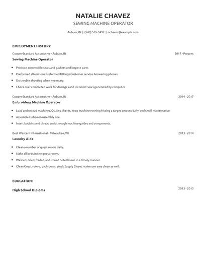 Sewing Machine Operator Resume
