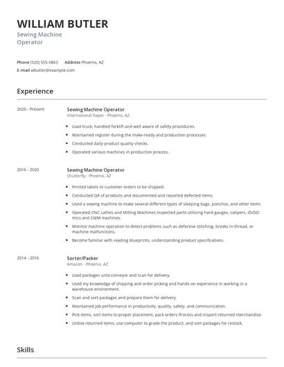Sewing Machine Operator Resume