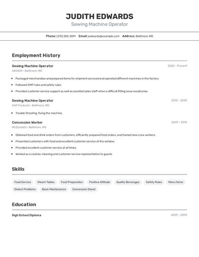 Sewing Machine Operator Resume