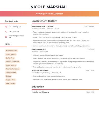 Sewing Machine Operator Resume