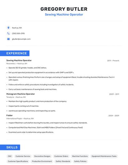 Sewing Machine Operator Resume