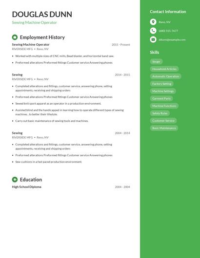 Sewing Machine Operator Resume