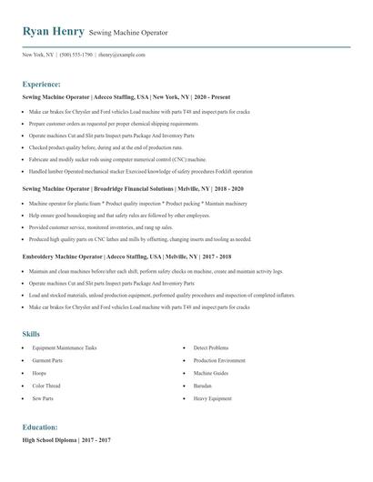 Sewing Machine Operator Resume