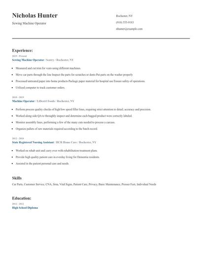 Sewing Machine Operator Resume