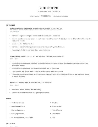 Sewing Machine Operator Resume