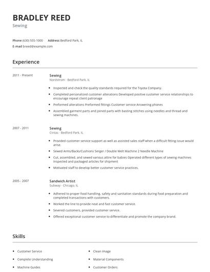 Sewing Resume