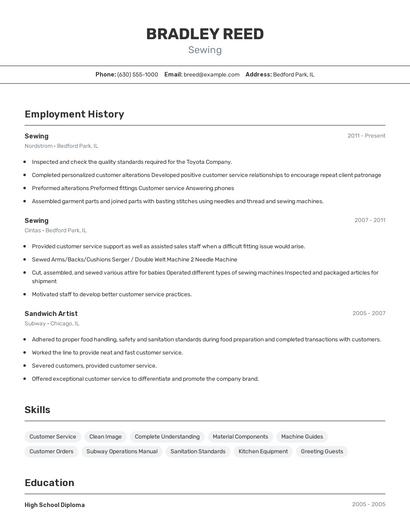 Sewing Resume