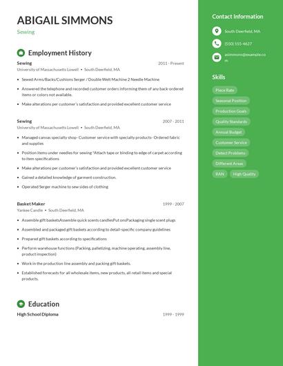 Sewing Resume