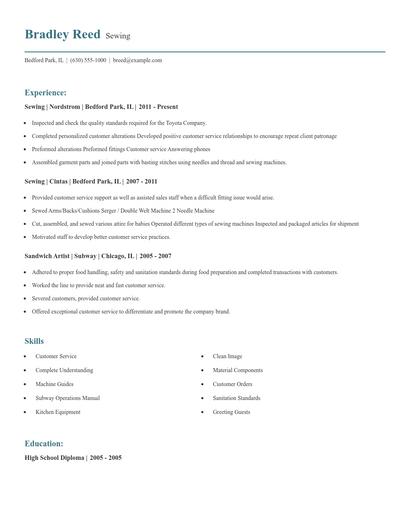 Sewing Resume