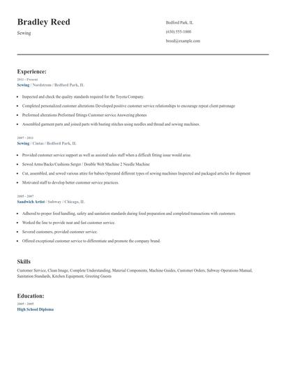 Sewing Resume