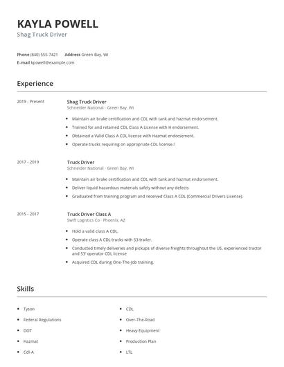 Shag Truck Driver Resume