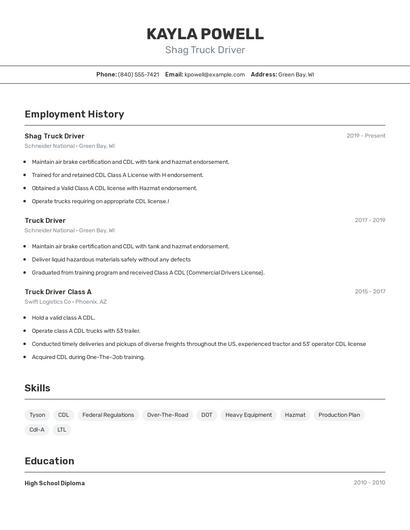 Shag Truck Driver Resume