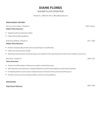 Shaker Plate Operator Resume