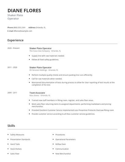 Shaker Plate Operator Resume