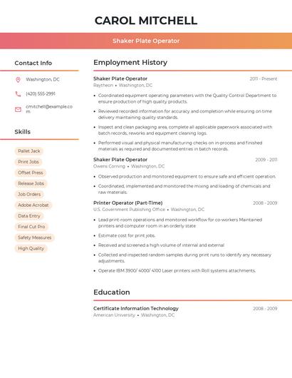 Shaker Plate Operator Resume
