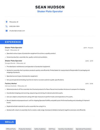 Shaker Plate Operator Resume