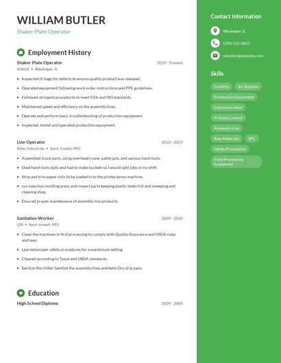 Shaker Plate Operator Resume