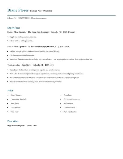 Shaker Plate Operator Resume
