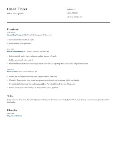 Shaker Plate Operator Resume