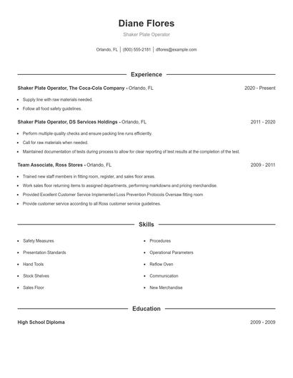 Shaker Plate Operator Resume