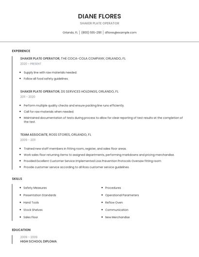 Shaker Plate Operator Resume