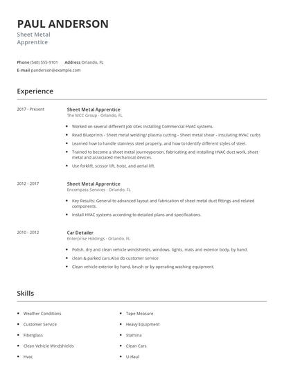 Sheet Metal Apprentice Resume
