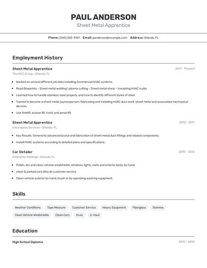 Sheet Metal Apprentice Resume