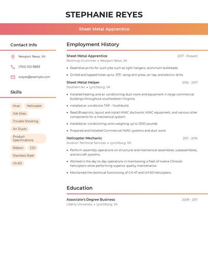 Sheet Metal Apprentice Resume