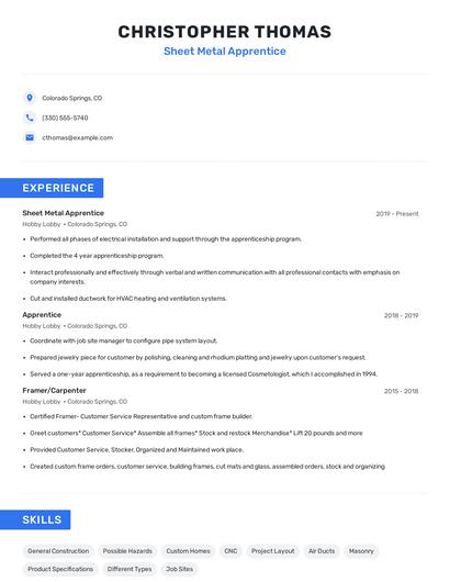 Sheet Metal Apprentice Resume