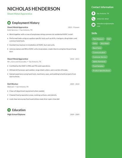 Sheet Metal Apprentice Resume
