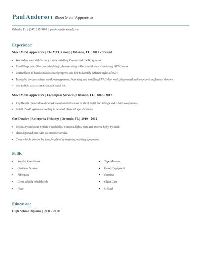 Sheet Metal Apprentice Resume