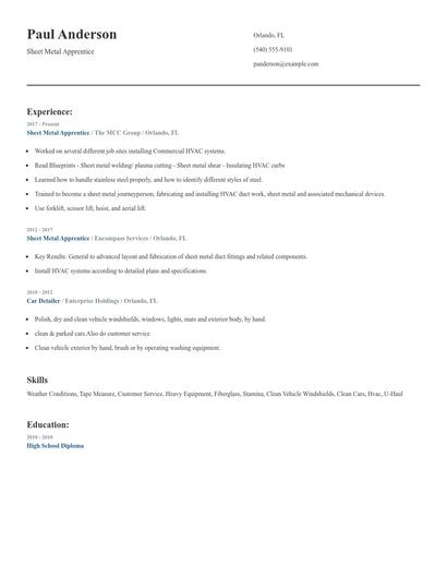 Sheet Metal Apprentice Resume