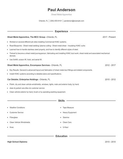 Sheet Metal Apprentice Resume