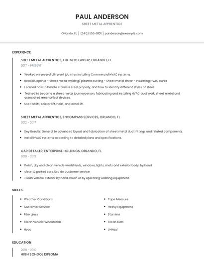 Sheet Metal Apprentice Resume