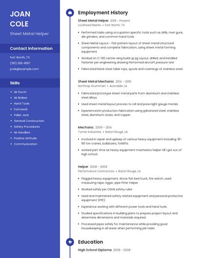 Sheet Metal Helper Resume