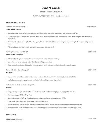 Sheet Metal Helper Resume