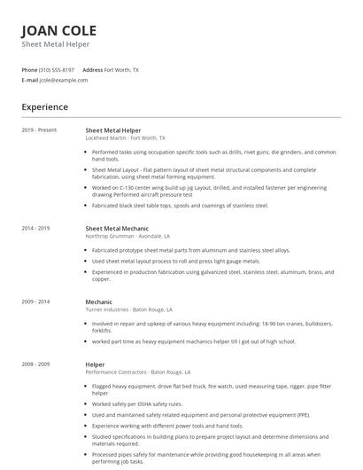 Sheet Metal Helper Resume