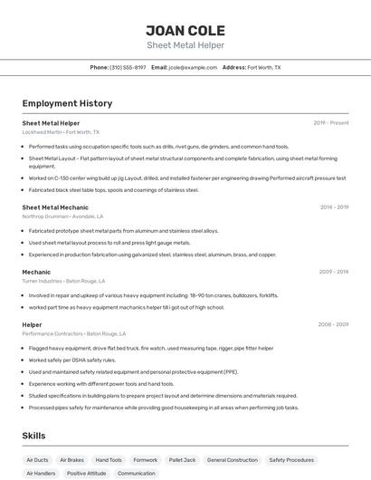 Sheet Metal Helper Resume