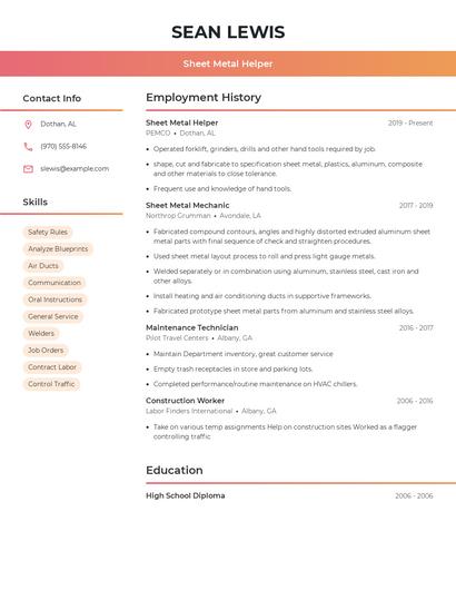 Sheet Metal Helper Resume