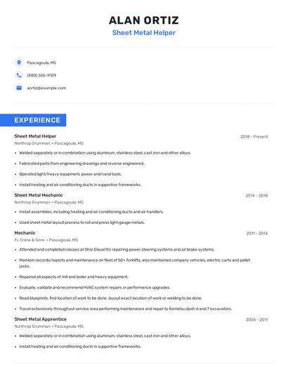 Sheet Metal Helper Resume