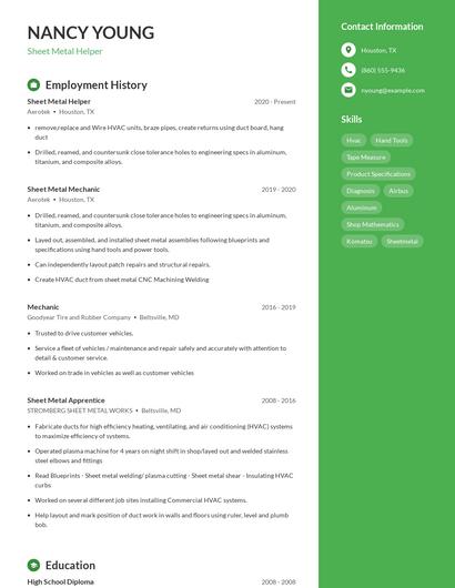 Sheet Metal Helper Resume