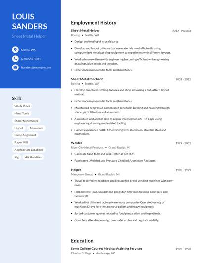 Sheet Metal Helper Resume