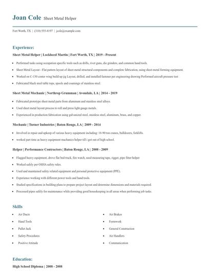 Sheet Metal Helper Resume