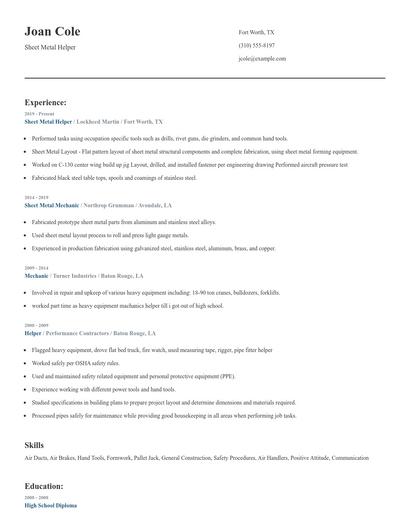 Sheet Metal Helper Resume