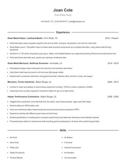 Sheet Metal Helper Resume