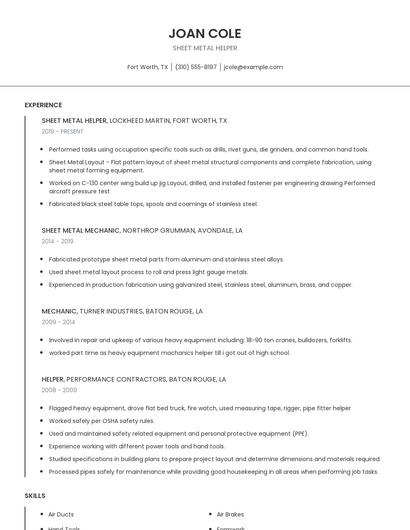 Sheet Metal Helper Resume