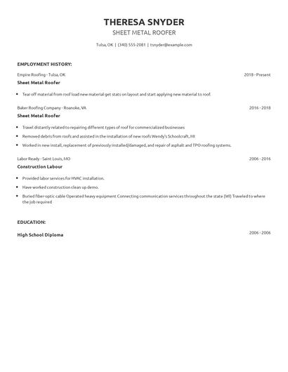 Sheet Metal Roofer Resume